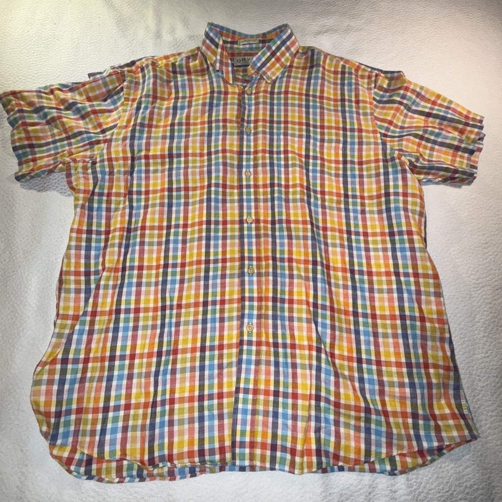 Orvis Men's Multicolor Linen Blend Short Sleeve 2XL Pastel Lightweight Button Up